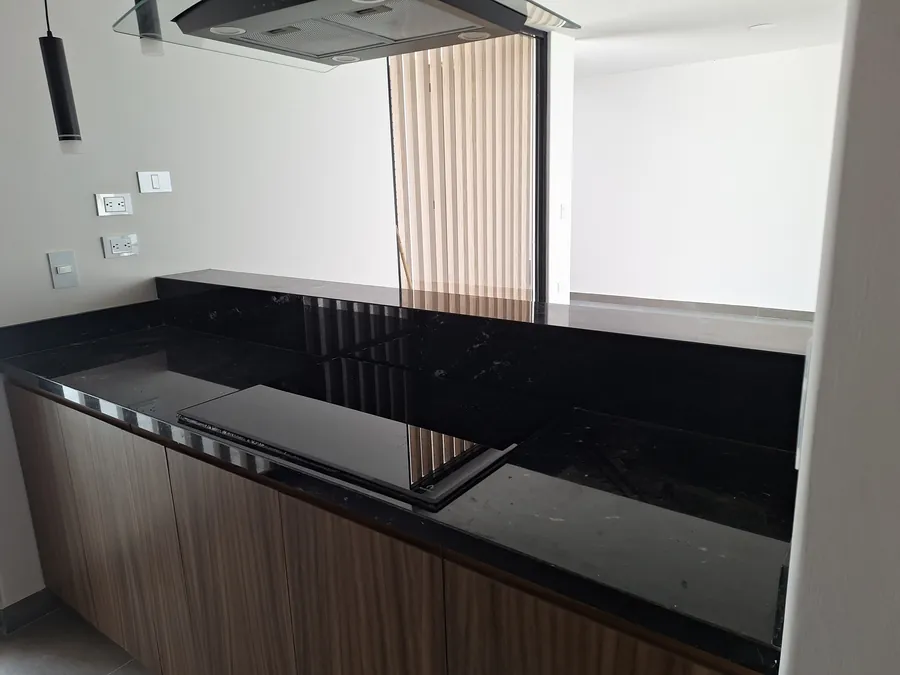 Cocina con cubierta de granito negro y parrilla de inducción — casa Missouri 99 en el corredor Angelópolis, Puebla