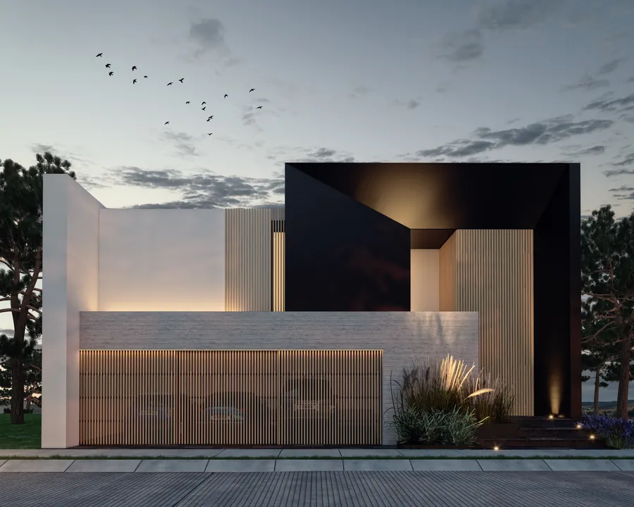 Render de fachada al anochecer Casa Kal — render de anteproyecto arquitectónico de Prisma Habita, Puebla