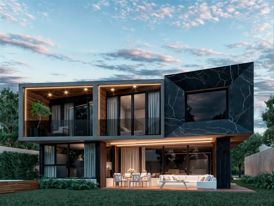 Render de fachada nocturna con mármol y luz cálida — render de anteproyecto arquitectónico de Prisma Habita, Puebla