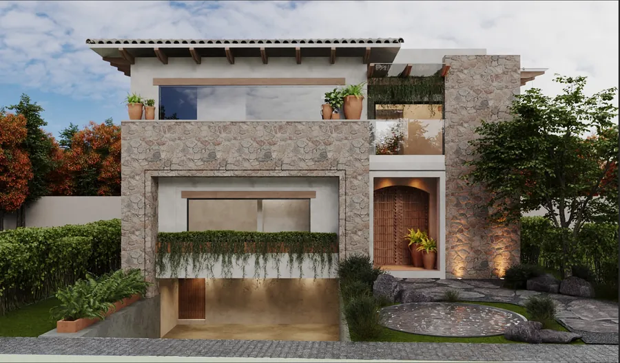 Render de fachada de piedra con muro verde al anochecer — render de anteproyecto arquitectónico de Prisma Habita, Puebla
