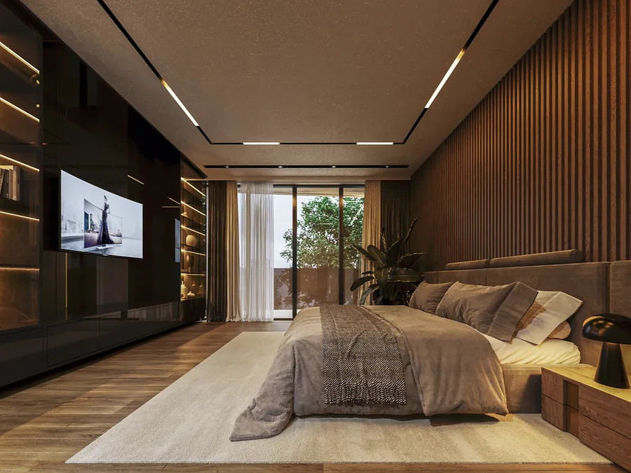 Render de recámara con lambrín de madera y terraza — render de anteproyecto arquitectónico de Prisma Habita, Puebla
